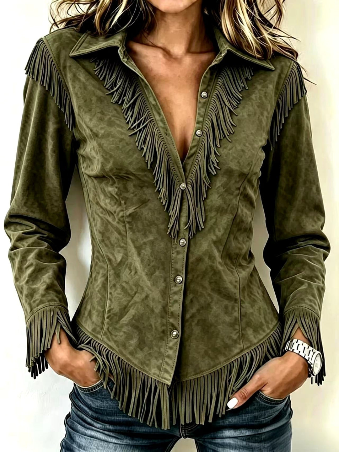Bennett and Lowe Delphine Fringe Yoke Button-Front Western shirt in faux suede with fringe details and Western-inspired styling.