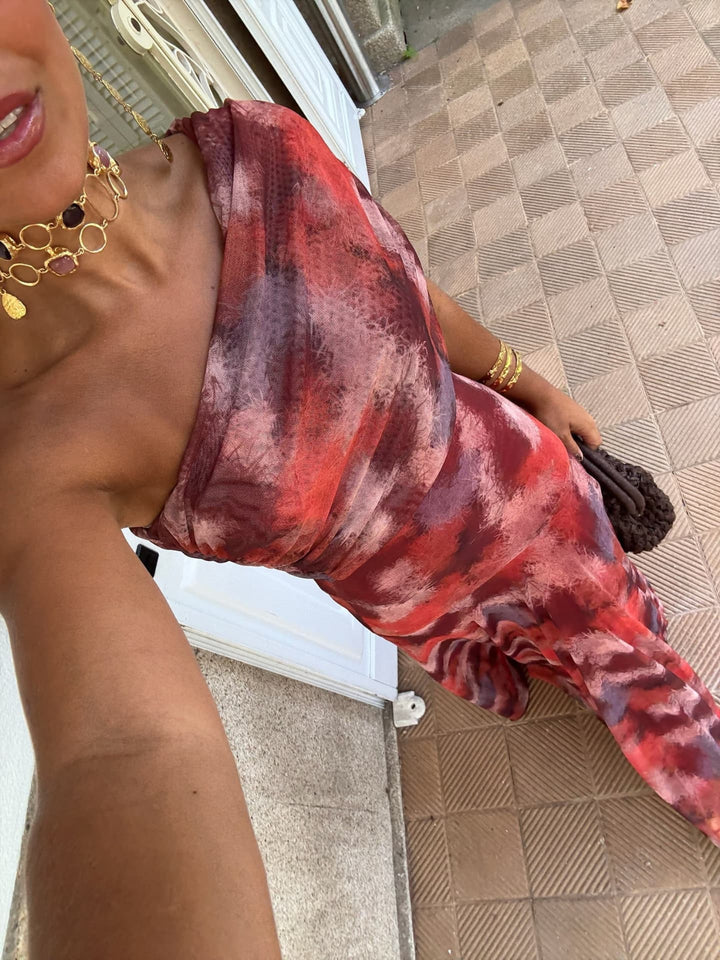 Valentina watercolor off-shoulder maxi dress for women by Bennett and Lowe, flowing fabric with watercolor print and off-shoulder design