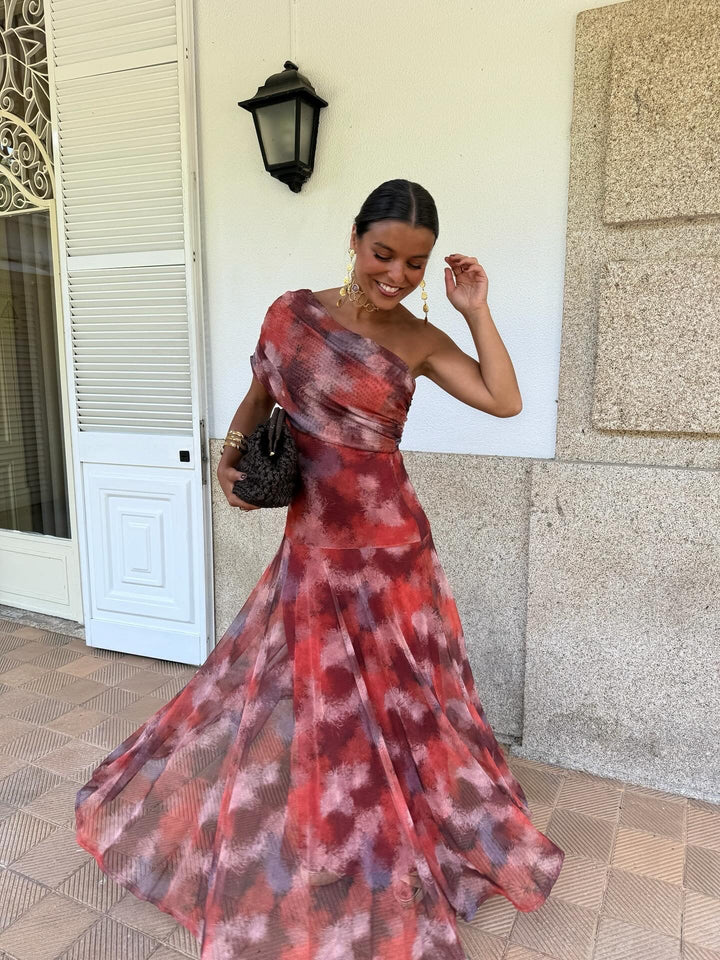 Valentina watercolor off-shoulder maxi dress for women by Bennett and Lowe, featuring a flowing, colorful watercolor design.