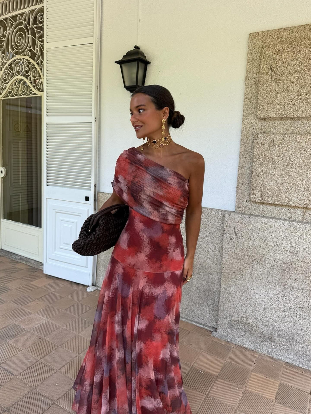 Valentina watercolor off-shoulder maxi dress for women, flowing fabric with watercolor print and off-shoulder design by Bennett and Lowe