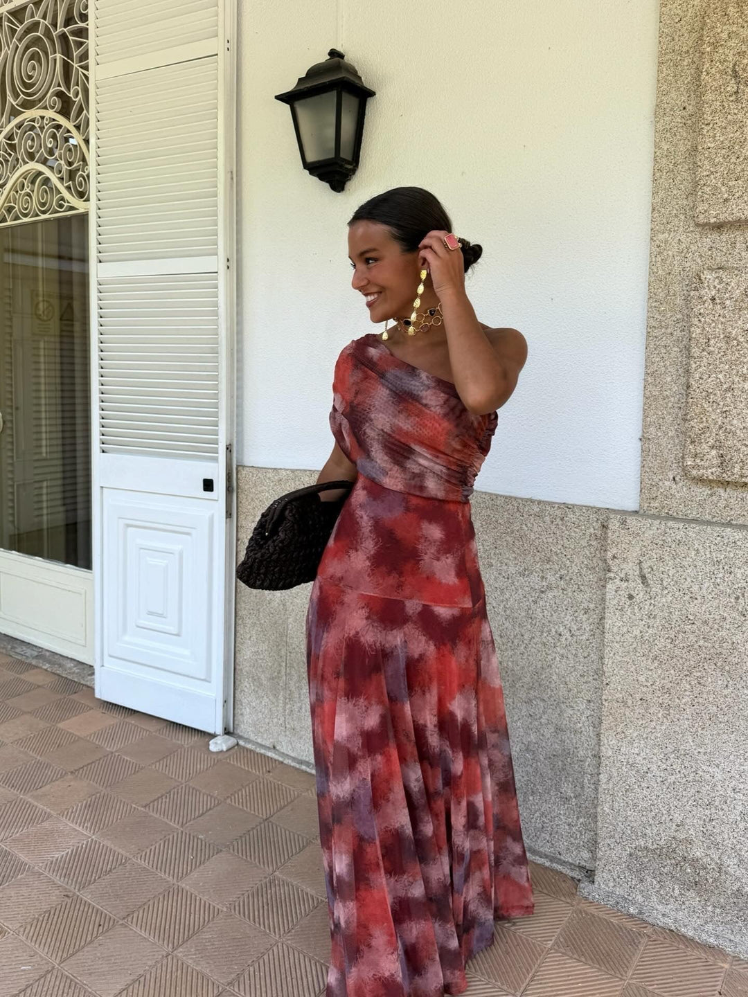 Valentina watercolor off-shoulder maxi dress for women by Bennett and Lowe, featuring a flowing design and vibrant watercolor pattern.