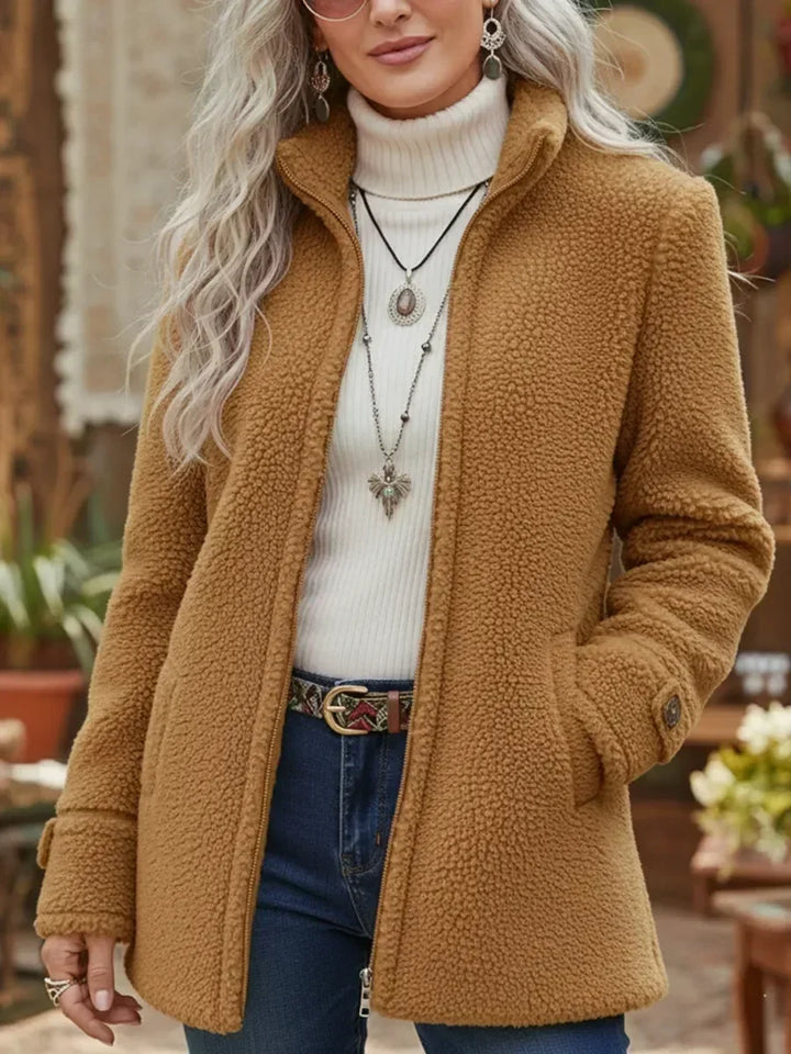 Judith women's cozy stand-collar full-zip jacket by Bennett and Lowe, featuring a stylish, comfortable design in soft fabric.