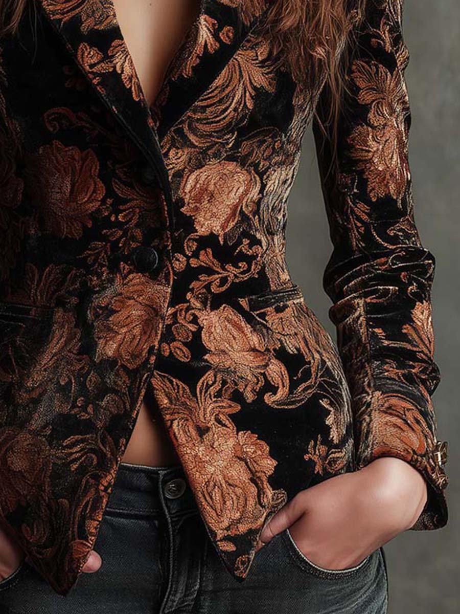 Long sleeve floral-print tailored blazer by Bennett and Lowe, featuring a structured fit and vibrant floral pattern.
