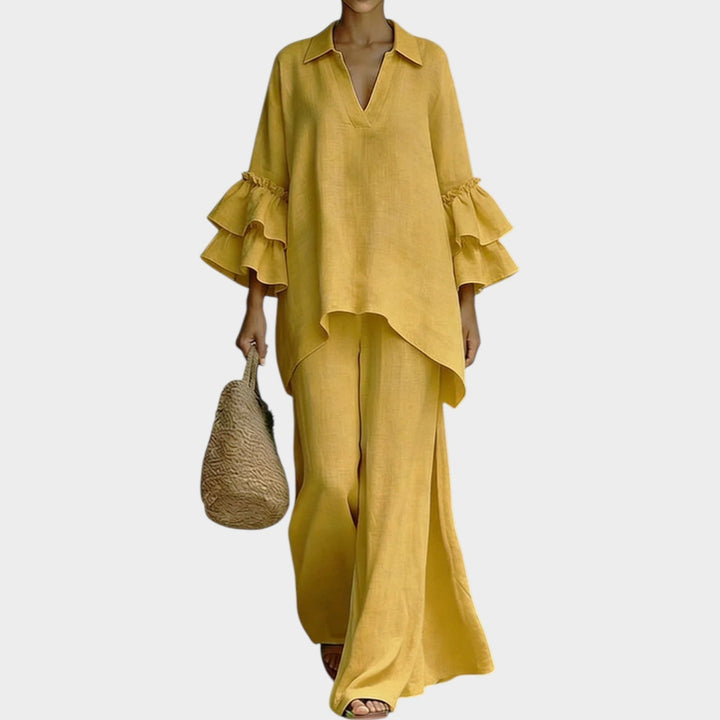 Ariela oversized women's two-piece set by Bennett and Lowe featuring a relaxed top and wide-leg pants in neutral fabric.