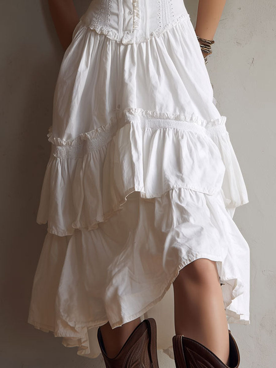 Olivia Newyork Marisol Corset Tiered Lace-Trim Midi Dress, country muse style, featuring lace details and a tiered silhouette.