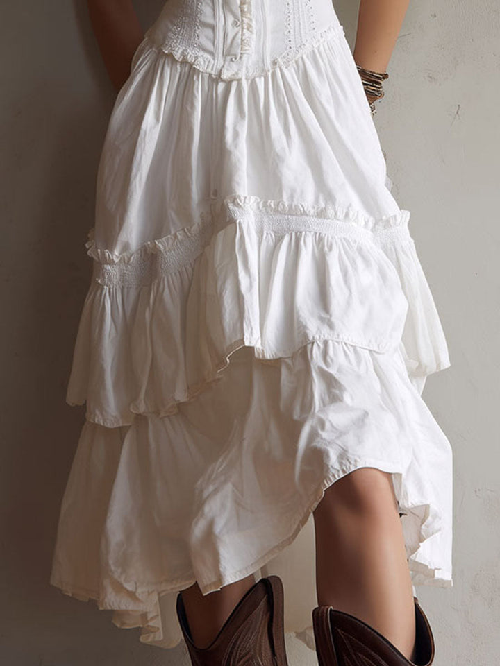 Olivia Newyork Marisol Corset Tiered Lace-Trim Midi Dress, country muse style, featuring lace details and a tiered silhouette.