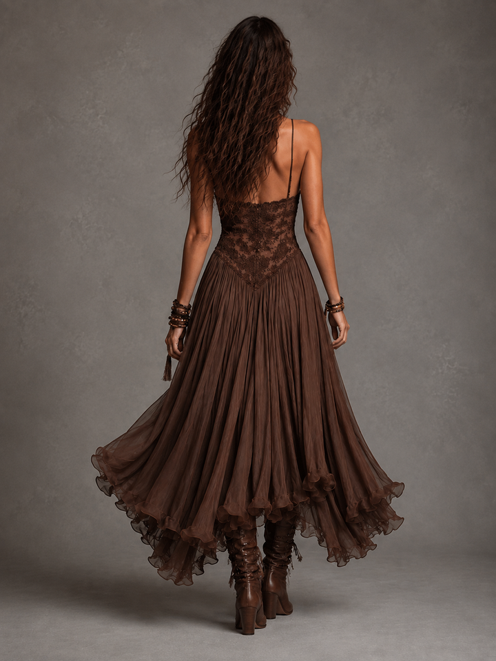 Olivia lace corset maxi dress by Bennett and Lowe featuring intricate lace details and a flowing silhouette.
