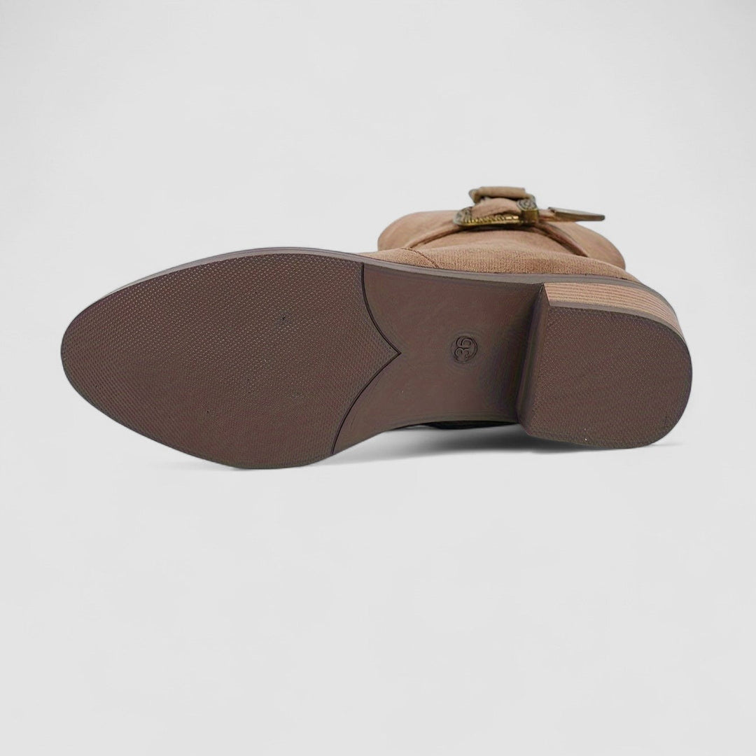 Rosa suede ankle boot for women with buckle detail, brown Bennett and Lowe footwear, stylish and comfortable for everyday wear.