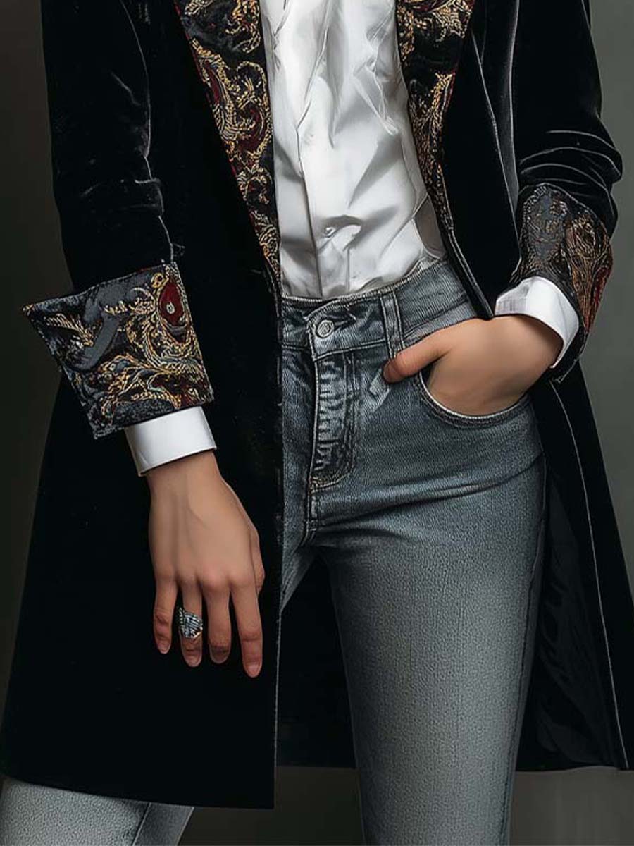 Long sleeve Alison Bennett and Lowe baroque-print lapel blazer with tailored fit and elegant design.