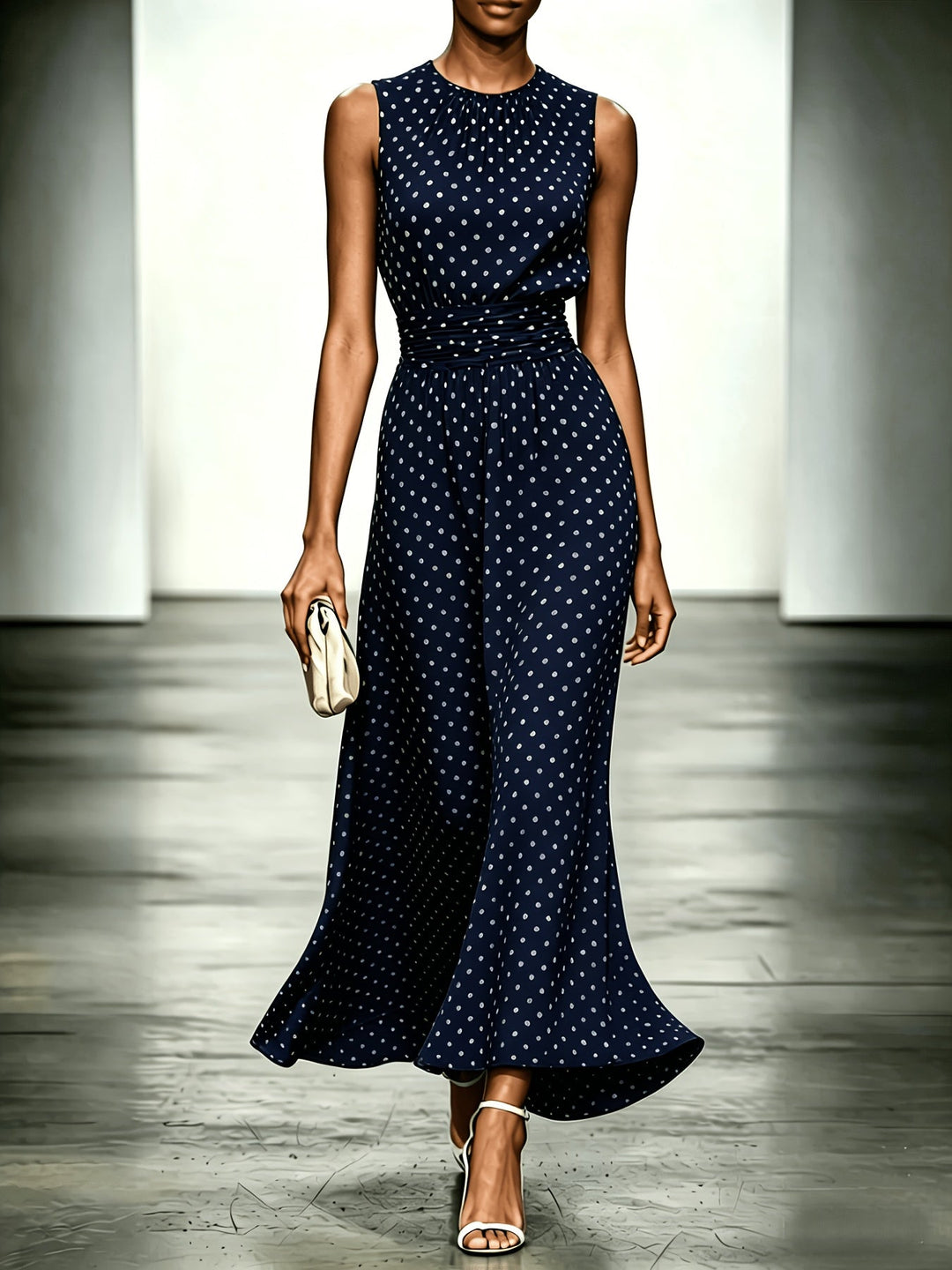 Polka dot maxi dress by Bennett and Lowe featuring a flowing silhouette and sleeveless design, perfect for summer occasions.