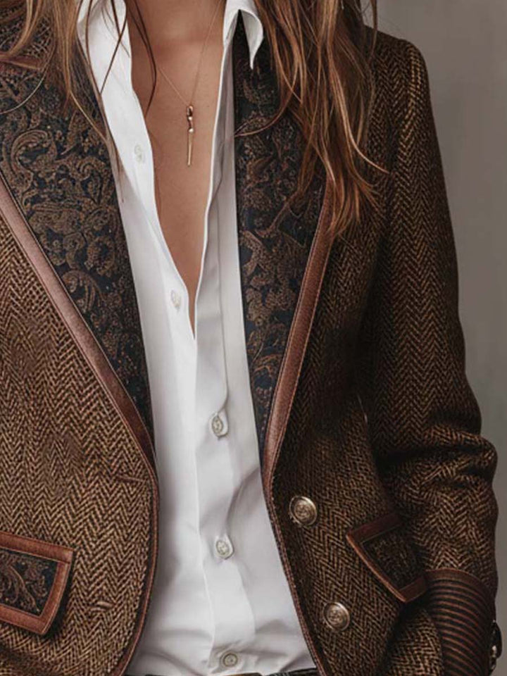 Women's Elara Herringbone Print Panel Blazer by Bennett and Lowe, tailored fit with herringbone pattern and structured lapels.