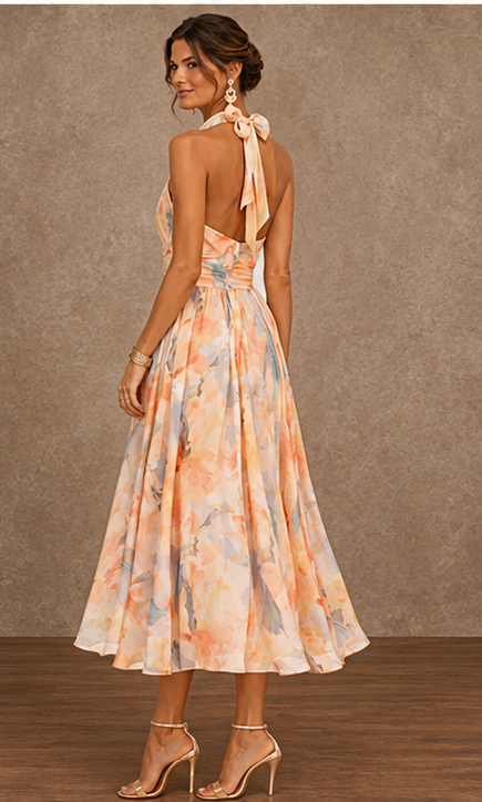 Back view of Bennett and Lowe Lily halter maxi dress with watercolor print in vibrant colors on lightweight fabric.