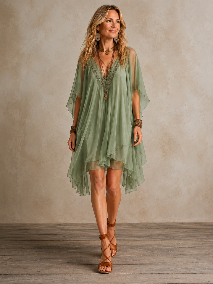 Olivia Newyork Ella Tiered Boho Mini Dress with flowy fabric and layered design, perfect for casual and summer wear.