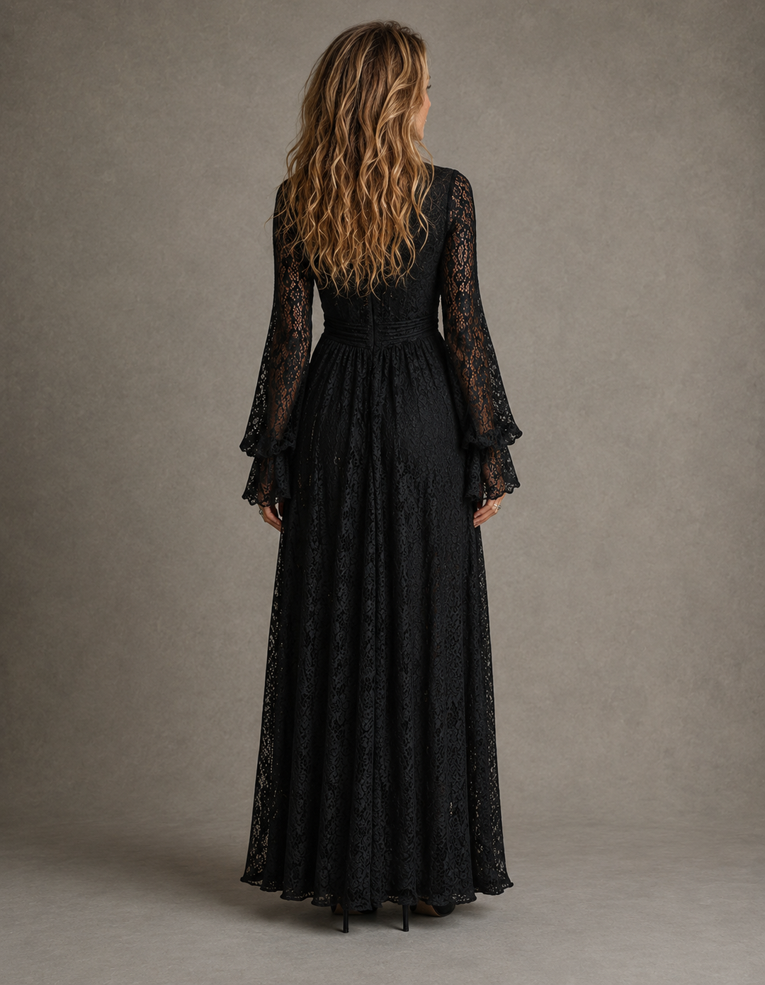 Charlotte plunging V-neck maxi dress by Bennett and Lowe, flowing fabric, elegant design, and deep V neckline.