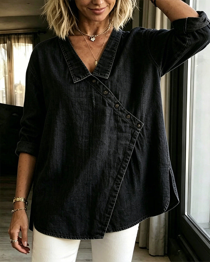 Elodie Bennett and Lowe women's diagonal-button collared blouse with long sleeves and a relaxed fit, displayed on a model.
