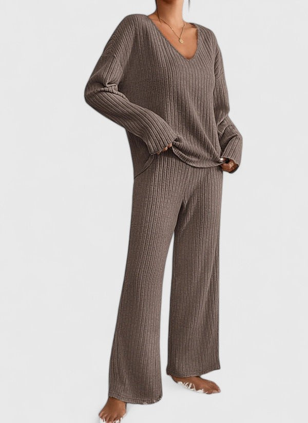 Addison two-piece knit sweater and wide-leg pants set for women by Bennett and Lowe, featuring a V-neck sweater and relaxed pants.