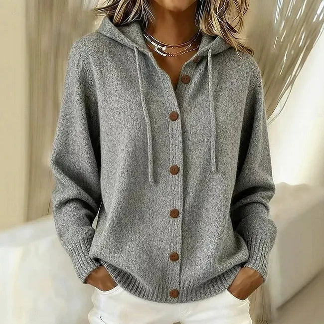 Goldie Bennett and Lowe hooded long-sleeve knit cardigan with button front, featuring a cozy, stylish design for women.