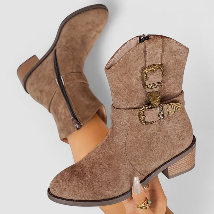 Rosa suede buckle ankle boot for women by Bennett and Lowe, featuring a stylish ankle-high design with a buckle detail.