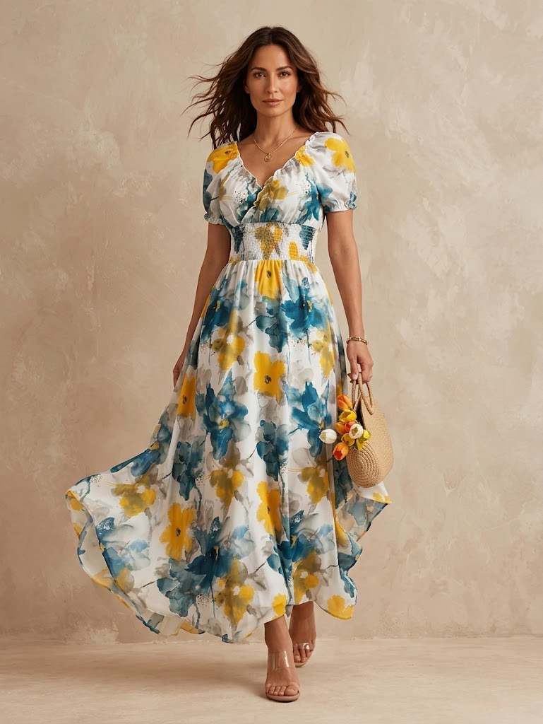 Delphine floral V-neck maxi dress by Bennett and Lowe, featuring shirred bodice and flowing skirt, perfect for summer occasions.