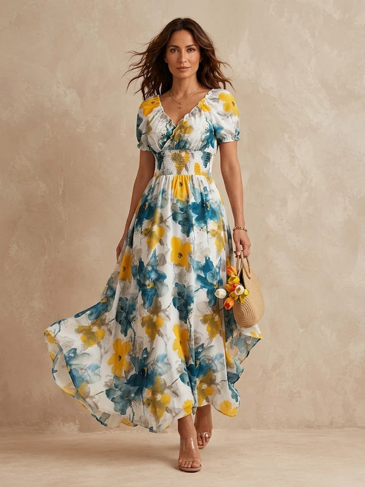 Delphine floral V-neck maxi dress by Bennett and Lowe, featuring shirred bodice and flowing skirt, perfect for summer occasions.