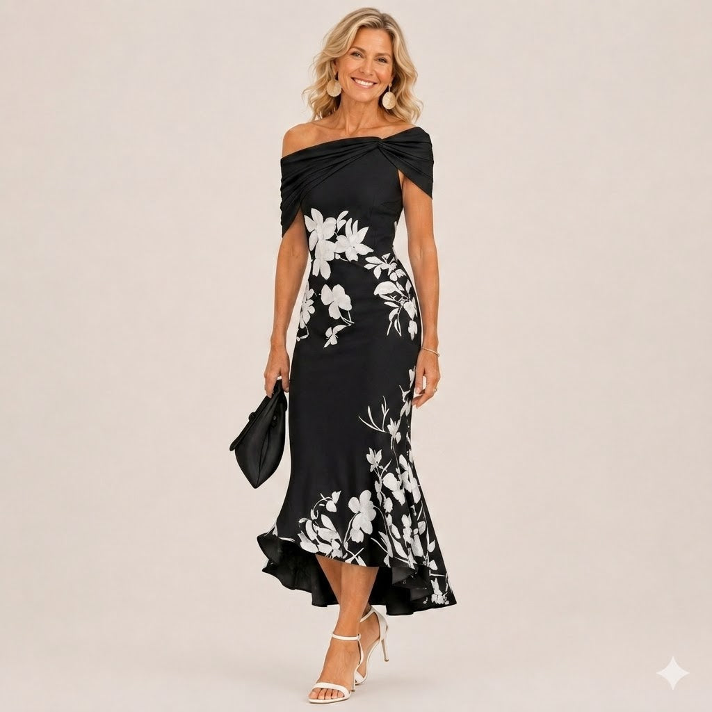Floral contour midi dress by Bennett and Lowe, featuring a fitted waist and flowy skirt, ideal for spring and summer occasions.
