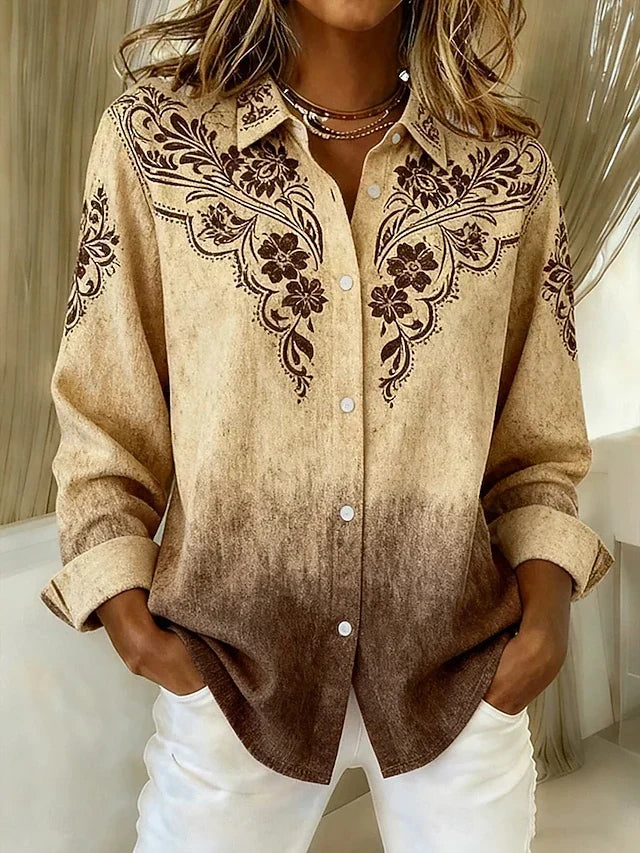 Western floral button blouse from Bennett and Lowe, featuring a stylish design with floral patterns and button front detail.