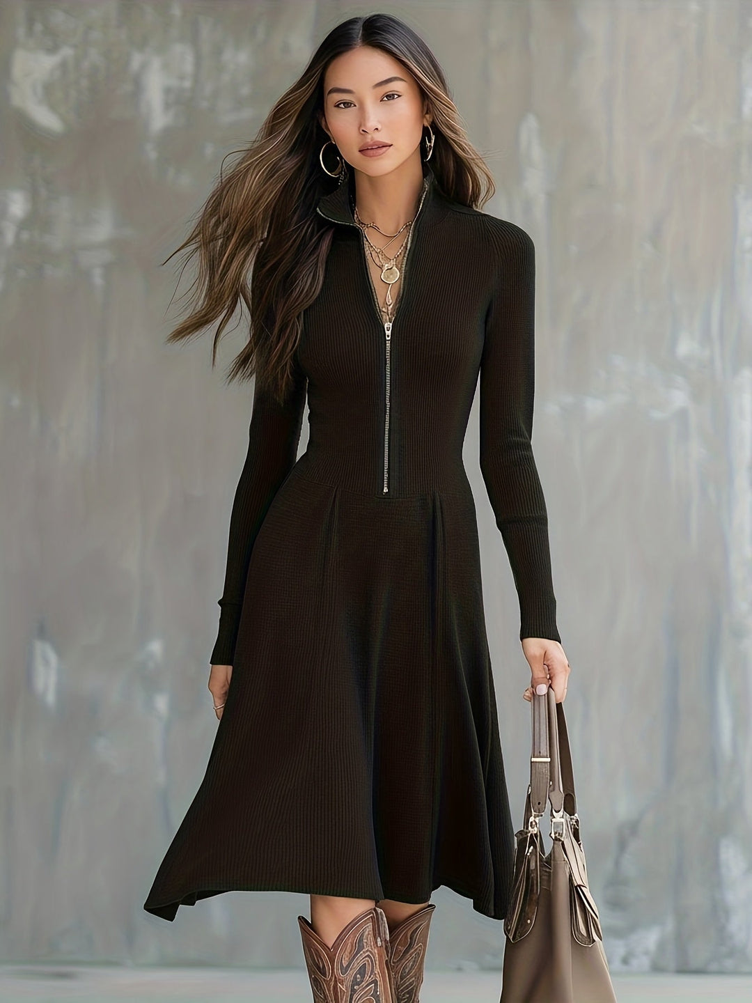 Zinnia | Zip-Front Long-Sleeve Fitted Midi Dress for Women