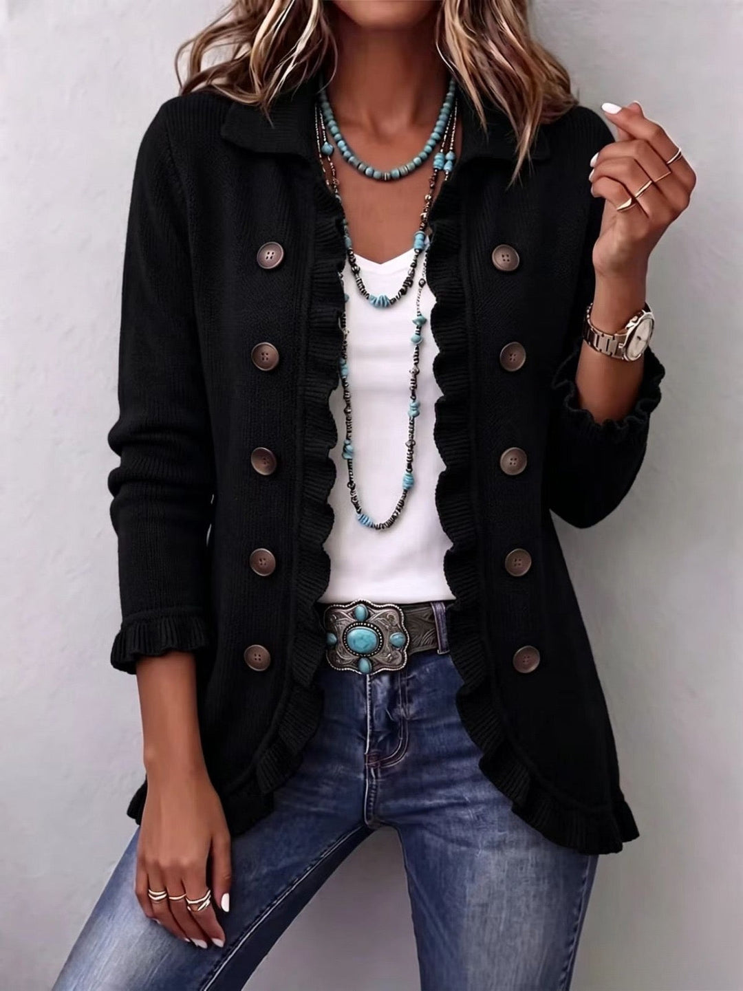 Camille ribbed knit ruffle jacket for women by Bennett and Lowe, featuring textured fabric and feminine ruffle details.