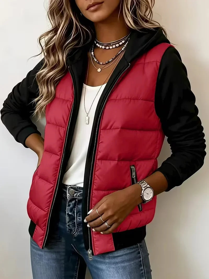 Bennett and Lowe Kinsley hooded color-block puffer jacket with quilted panels and zip front