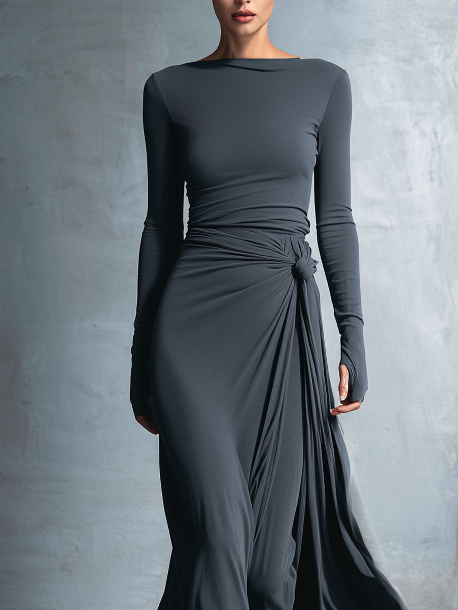 Yasmina | Long-Sleeve Side-Tie Draped Maxi Dress for Women