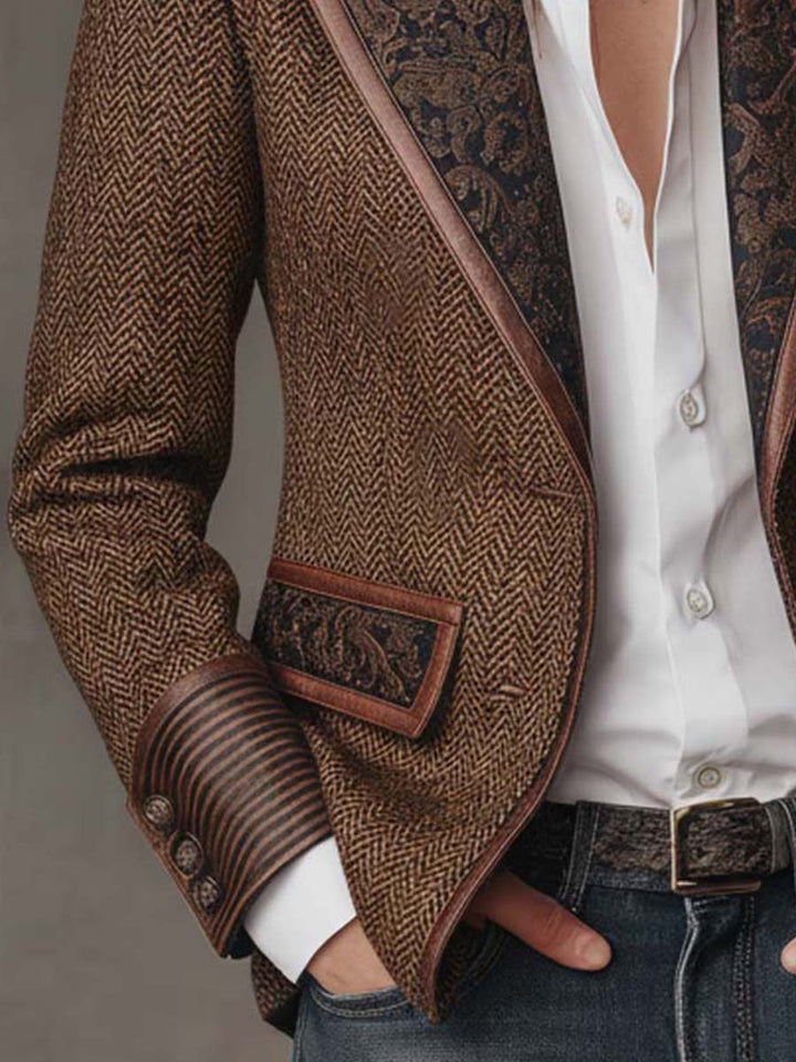 Elara herringbone print panel blazer for women by Bennett and Lowe, tailored fit with a stylish herringbone pattern.