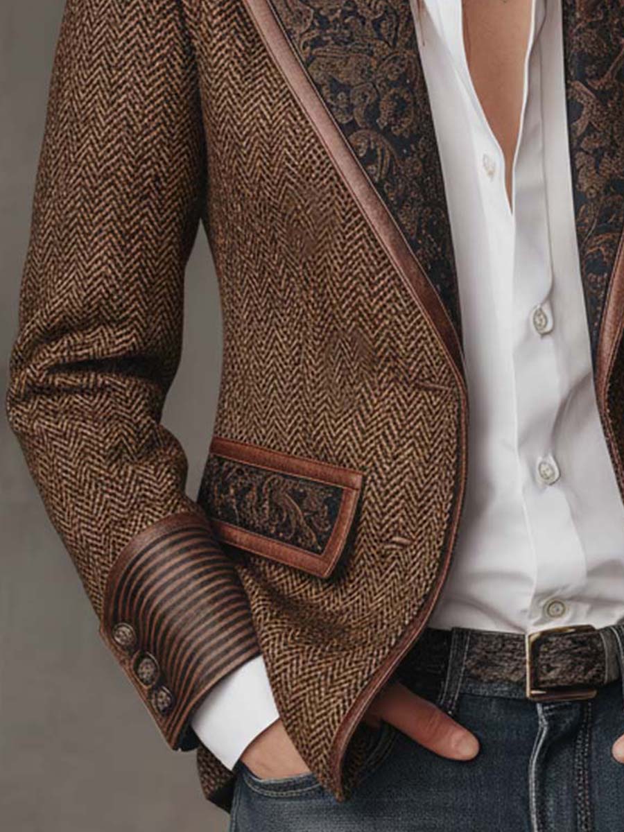 Bennett and Lowe Frances herringbone panel blazer with long sleeves in tailored fit, featuring classic herringbone pattern.