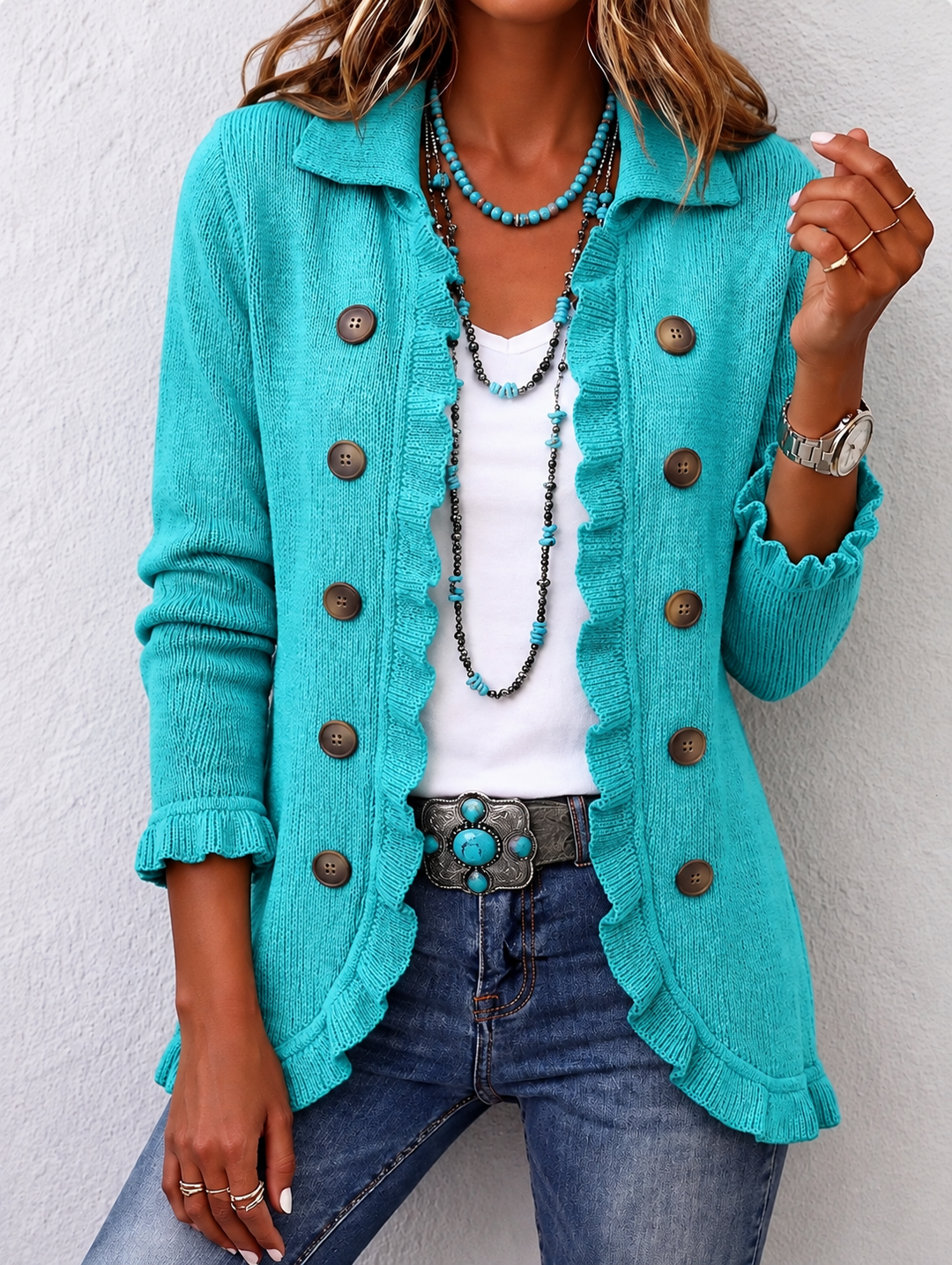 Maribel ribbed knit ruffle jacket for women by Bennett and Lowe, featuring textured fabric and feminine ruffle details.