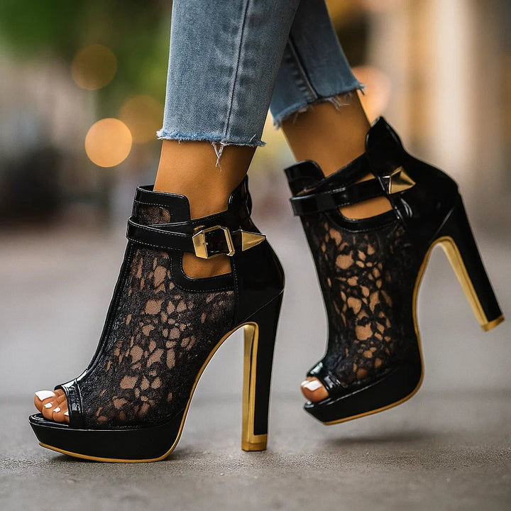 Liliana floral lace peep-toe high heels for women by Bennett and Lowe, featuring elegant lace design and stylish high heel.