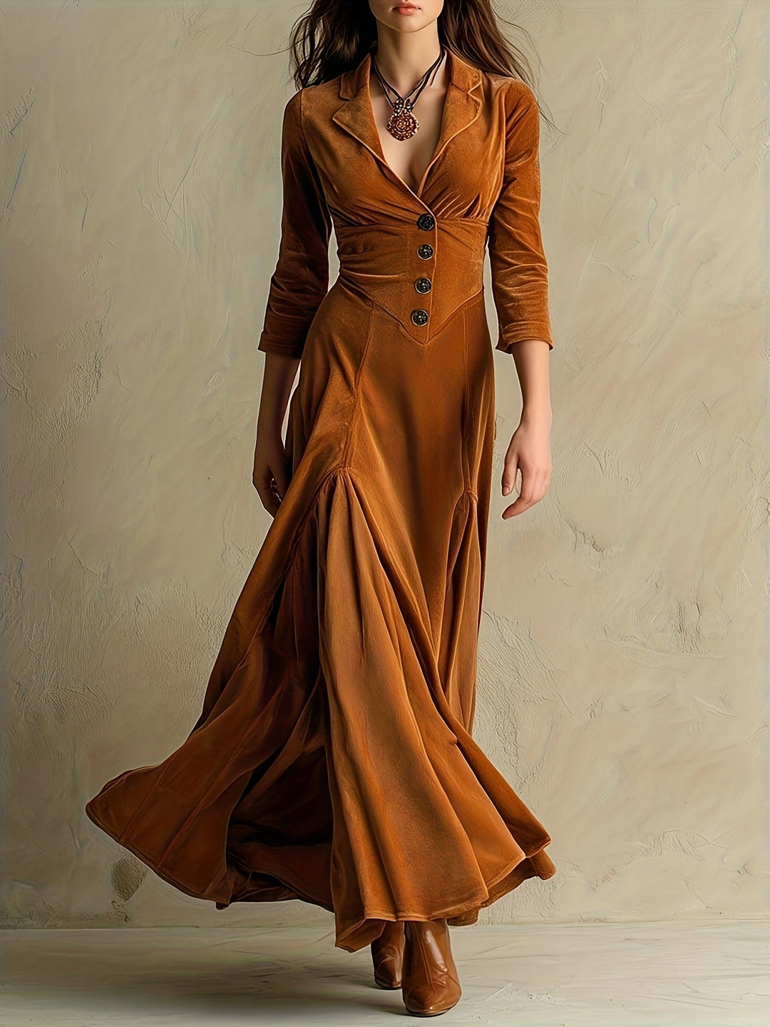 Elowenna | Collared V-Neck Button-Front 7/8-Sleeve Midi Dress for Women