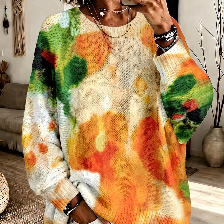 Amberlei tie-dye floral sweater for women by Bennett and Lowe, featuring colorful tie-dye and floral pattern on soft knit fabric.