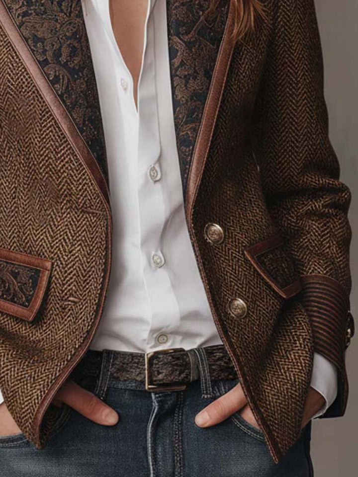 Bennett and Lowe Frances herringbone panel blazer with long sleeves, tailored fit, and classic pattern in neutral tones.
