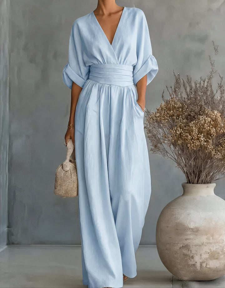 Bennett and Lowe Elise deep V-neck wide-leg women's jumpsuit, shown in a stylish, flowing design, perfect for elegant occasions.