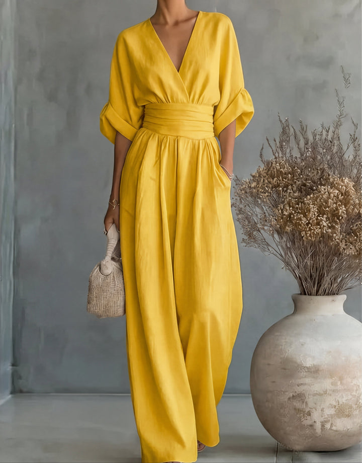 Bennett and Lowe Elise deep V-neck wide-leg jumpsuit for women, shown in a full-length view on a model, showcasing stylish design.