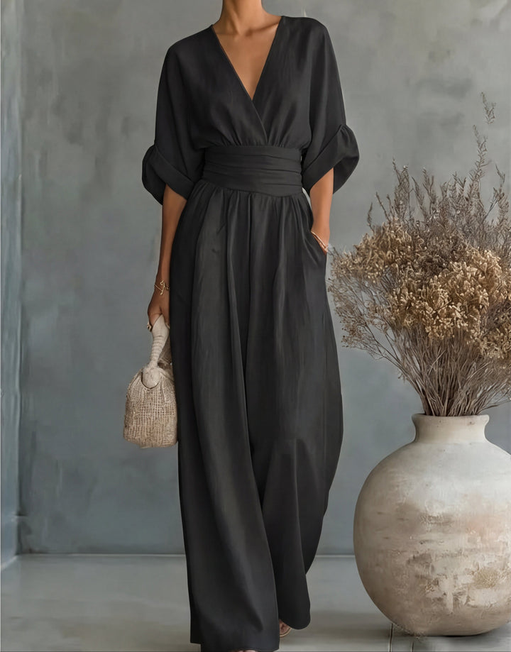 Bennett and Lowe Elise deep V-neck wide-leg jumpsuit for women, showcasing the stylish neckline and flowing pant design.