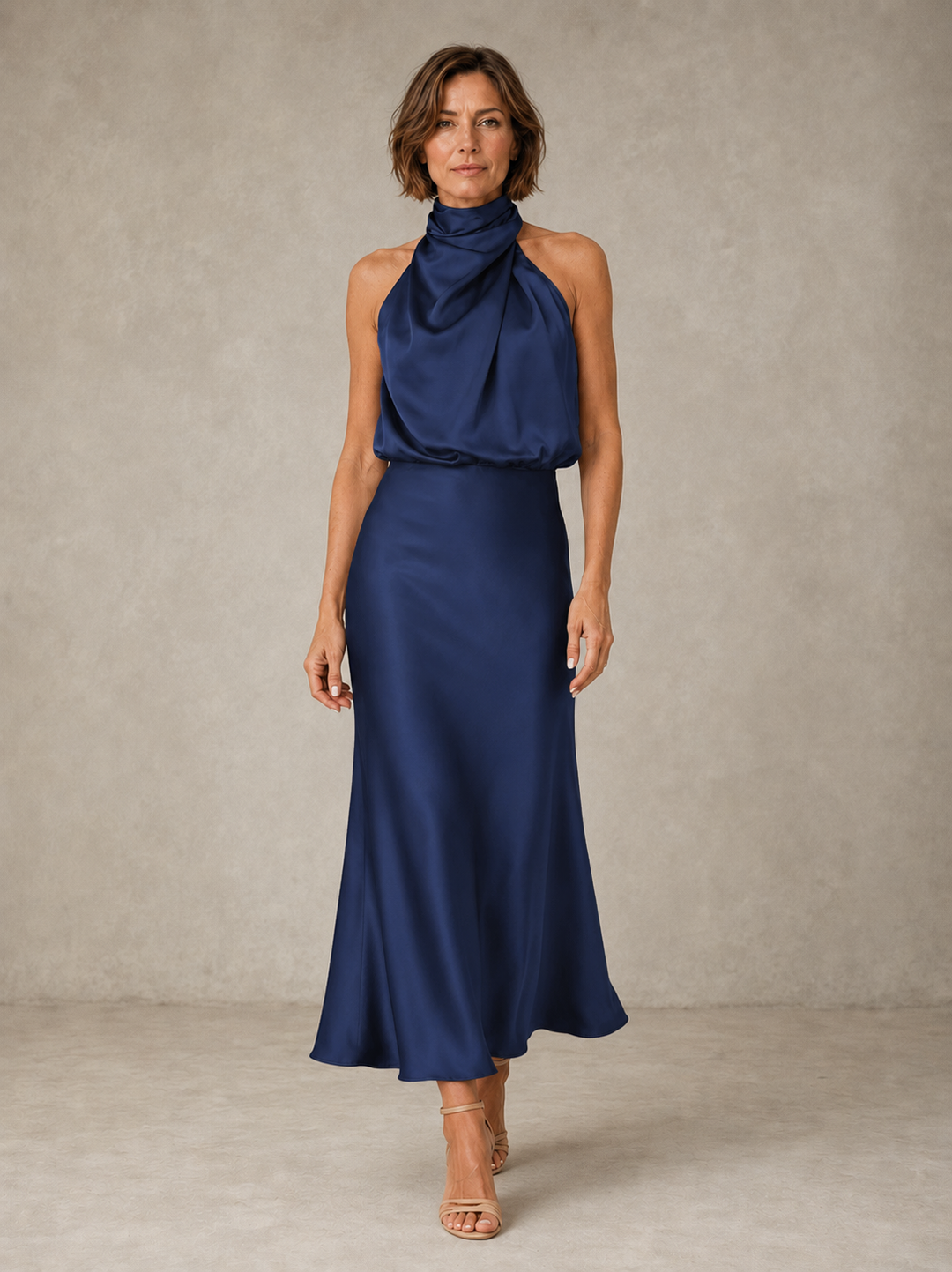 Violet & Grace Harper halter satin evening dress in elegant black, featuring a sleek design and flowing fabric.