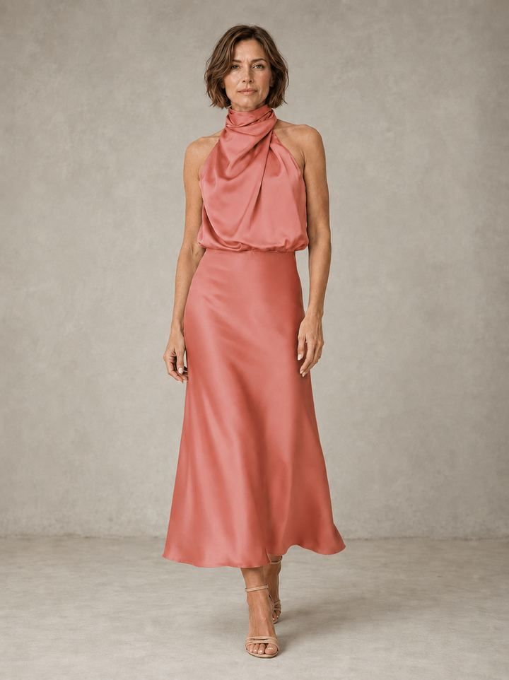 Violet & Grace Harper halter satin evening dress in elegant black with a fitted bodice and flowing skirt, perfect for formal occasions.