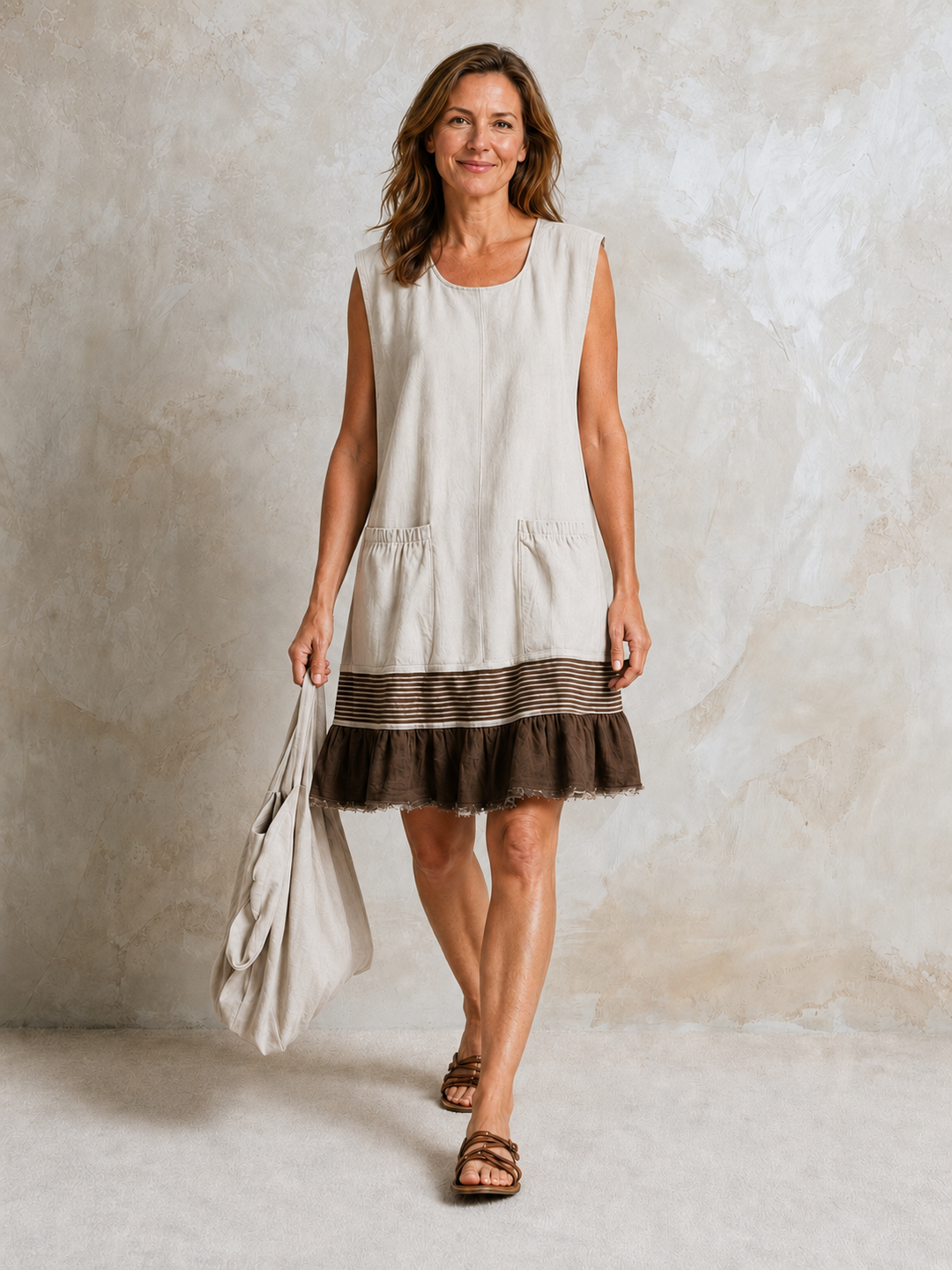 Hazel ruffle hem tunic dress by Bennett and Lowe, featuring a flowy silhouette with a stylish ruffled hem and lightweight fabric.