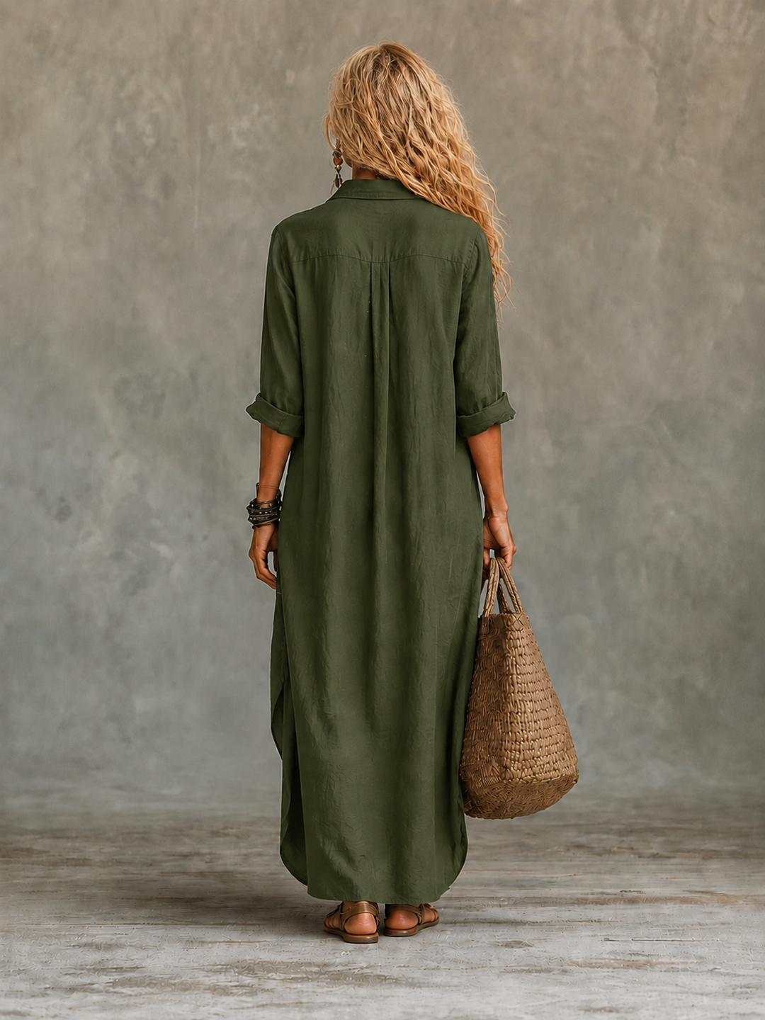 Vivienne button-down maxi dress by My Store 2, featuring flowy fabric, long sleeves, and a stylish collar in a full-length view.