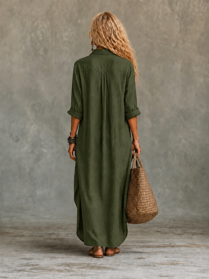 Vivienne button-down maxi dress by My Store 2, featuring flowy fabric, long sleeves, and a stylish collar in a full-length view.