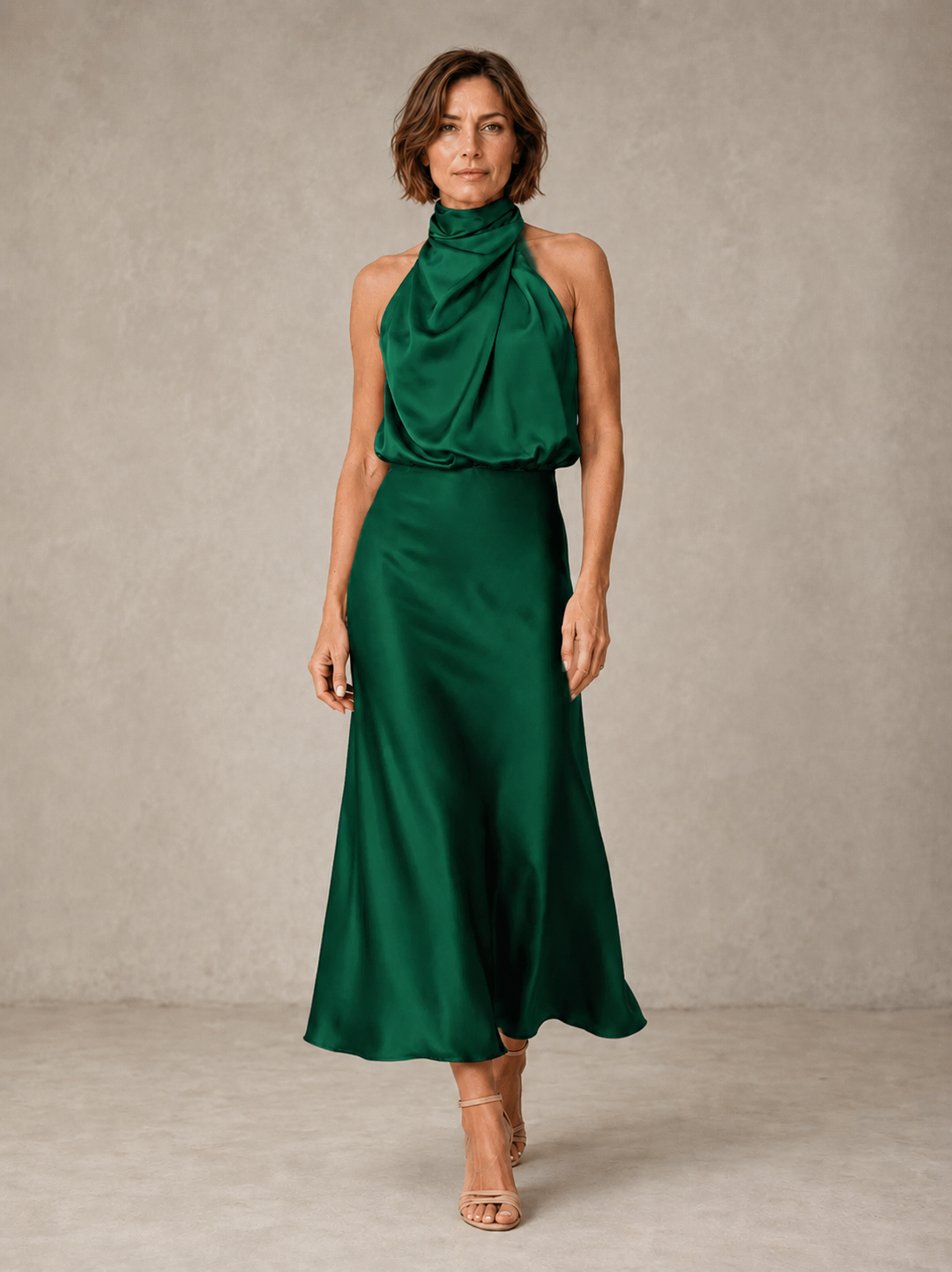 Violet & Grace Harper halter satin evening dress in elegant black, featuring a fitted bodice and flowing skirt.