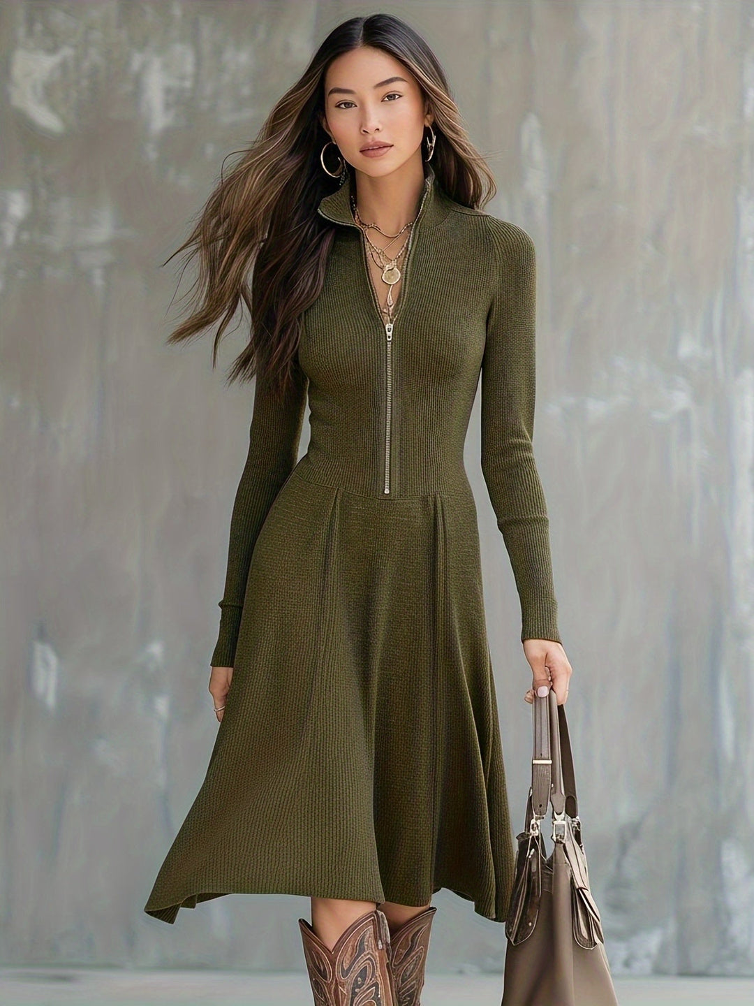 Zinnia | Zip-Front Long-Sleeve Fitted Midi Dress for Women