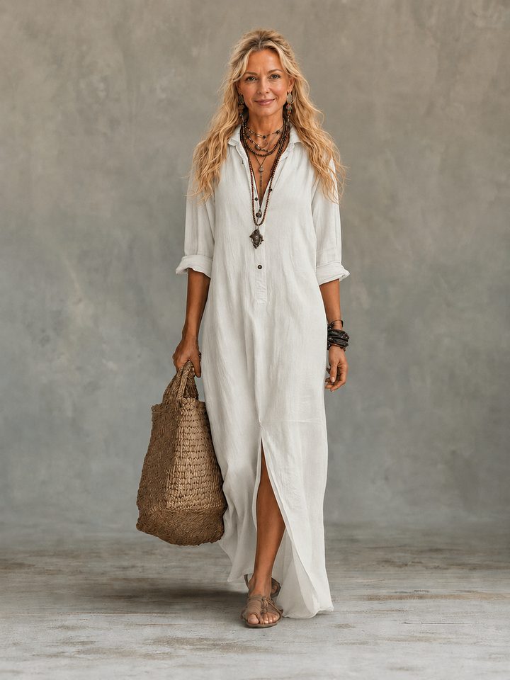 Vivienne button-down maxi dress by My Store 2, flowing fabric, full-length design, and classic collar, perfect for elegant summer wear.