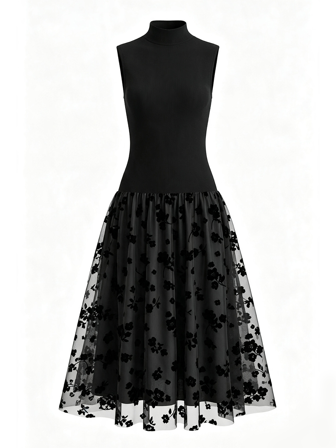 Bennett and Lowe Odalys mock-neck drop-waist floral midi dress<|end|>