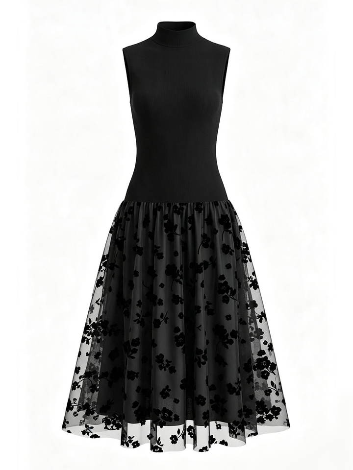 Bennett and Lowe Odalys mock-neck drop-waist floral midi dress<|end|>